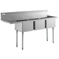 Regency 78 1/2 inch 16 Gauge Stainless Steel Three Compartment Commercial Sink with Galvanized Steel Legs and 1 Drainboard - 18 inch x 18 inch x 14 inch Bowls - Left Drainboard