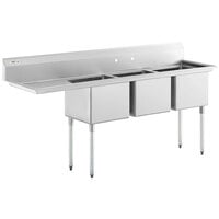 Regency 84 1/2 inch 16 Gauge Stainless Steel Three Compartment Commercial Sink with Galvanized Steel Legs and 1 Drainboard - 18 inch x 18 inch x 14 inch Bowls - Left Drainboard