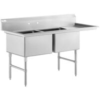 Regency 70 1/2 inch 16 Gauge Stainless Steel Two Compartment Commercial Sink with Stainless Steel Legs, Cross Bracing, and 1 Drainboard - 24 inch x 24 inch x 14 inch Bowls - Right Drainboard