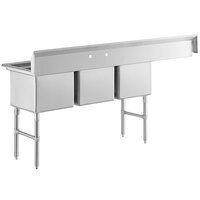 Regency 84 1/2 inch 16 Gauge Stainless Steel Three Compartment Commercial Sink with Stainless Steel Legs, Cross Bracing, and 1 Drainboard - 18 inch x 18 inch x 14 inch Bowls - Left Drainboard