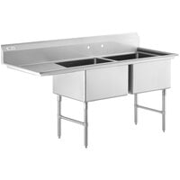 Regency 76 1/2 inch 16 Gauge Stainless Steel Two Compartment Commercial Sink with Stainless Steel Legs, Cross Bracing, and 1 Drainboard - 24 inch x 24 inch x 14 inch Bowls - Left Drainboard