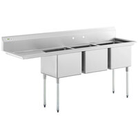 Regency 84 1/2 inch 16 Gauge Stainless Steel Three Compartment Commercial Sink with Galvanized Steel Legs and 1 Drainboard - 18 inch x 18 inch x 14 inch Bowls - Right Drainboard
