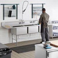 Regency 112 inch 16 Gauge Stainless Steel Three Compartment Commercial Sink with Stainless Steel Legs, Cross Bracing, and 2 Drainboards - 24 inch x 24 inch x 14 inch Bowls