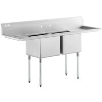 Regency 74 inch 16 Gauge Stainless Steel Two Compartment Commercial Sink with Galvanized Steel Legs and 2 Drainboards - 18 inch x 18 inch x 14 inch Bowls