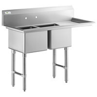 Regency 58 1/2 inch 16 Gauge Stainless Steel Two Compartment Commercial Sink with Stainless Steel Legs, Cross Bracing, and 1 Drainboard - 18 inch x 18 inch x 14 inch Bowls - Right Drainboard