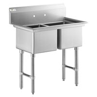 Regency 43 inch 16 Gauge Stainless Steel Two Compartment Commercial Sink with Stainless Steel Legs and Cross Bracing - 18 inch x 18 inch x 14 inch Bowls