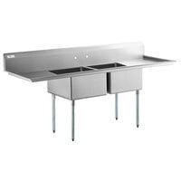 Regency 86 inch 16 Gauge Stainless Steel Two Compartment Commercial Sink with Galvanized Steel Legs and 2 Drainboards - 18 inch x 18 inch x 14 inch Bowls