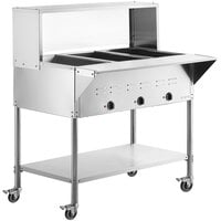 Avantco STE-3MG Three Pan Open Well Mobile Electric Steam Table with Undershelf and 43 inch Overshelf with Sneeze Guard - 120V, 1500W
