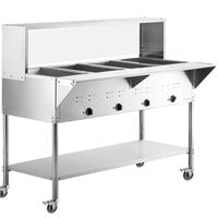 Avantco STE-4MGH Four Pan Open Well Mobile Electric Steam Table with Undershelf and 57" Overshelf with Sneeze Guard - 208/240V, 3000W