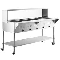 Avantco STE-5MG Five Pan Open Well Mobile Electric Steam Table with Undershelf and 71 inch Overshelf with Sneeze Guard - 208/240V, 3750W