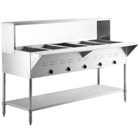 Avantco STE-5SG Five Pan Open Well Electric Steam Table with Undershelf, Overshelf, and Sneeze Guard - 208/240V, 3750W