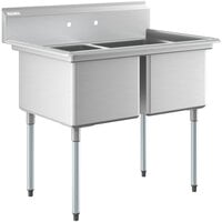 Regency 43 inch 16 Gauge Stainless Steel Two Compartment Commercial Sink with Galvanized Steel Legs - 18 inch x 24 inch x 14 inch Bowls