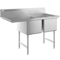 Regency 58 1/2 inch 16-Gauge Stainless Steel Two Compartment Commercial Sink with Stainless Steel Legs, Cross Bracing, and 1 Drainboard - 18 inch x 24 inch x 14 inch Bowls - Left Drainboard