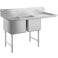 Regency 64 1/2 inch 16 Gauge Stainless Steel Two Compartment Commercial Sink with Stainless Steel Legs, Cross Bracing, and 1 Drainboard - 18 inch x 24 inch x 14 inch Bowls