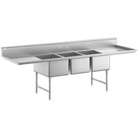 Regency 124 inch 16-Gauge Stainless Steel Three Compartment Commercial Sink with 2 Drainboards - 20 inch x 30 inch x 14 inch Bowls