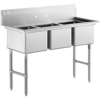 Regency 57 inch 16 Gauge Stainless Steel Three Compartment Commercial Sink with Stainless Steel Legs and Cross Bracing - 16 inch x 20 inch x 12 inch Bowls