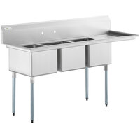 Regency 72 1/2 inch 16 Gauge Stainless Steel Three Compartment Commercial Sink with Galvanized Steel Legs and 1 Drainboard - 16 inch x 20 inch x 12 inch Bowls - Right Drainboard