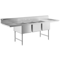 Regency 112 inch 16-Gauge Stainless Steel Three Compartment Commercial Sink with 2 Drainboards - 20 inch x 30 inch x 14 inch Bowls