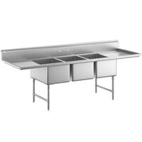 Regency 112 inch 16-Gauge Stainless Steel Three Compartment Commercial Sink with 2 Drainboards - 20 inch x 30 inch x 14 inch Bowls