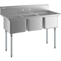 Regency 57 inch 16 Gauge Stainless Steel Three Compartment Commercial Sink with Galvanized Steel Legs - 16 inch x 20 inch x 12 inch Bowls
