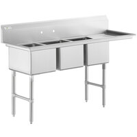 Regency 72 1/2 inch 16 Gauge Stainless Steel Three Compartment Commercial Sink with Stainless Steel Legs, Cross Bracing, and 1 Drainboard - 16 inch x 20 inch x 12 inch Bowls - Right Drainboard