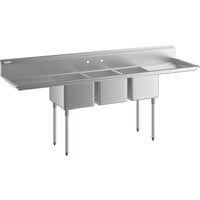 Regency 100" 16 Gauge Stainless Steel Three Compartment Commercial Sink with Galvanized Steel Legs and 2 Drainboards - 16" x 20" x 12" Bowls