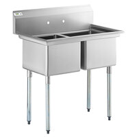 Regency 39 inch 16 Gauge Stainless Steel Two Compartment Commercial Sink with Galvanized Steel Legs - 16 inch x 20 inch x 12 inch Bowls