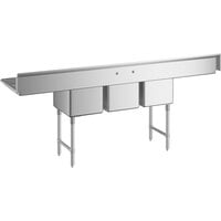 Regency 100 inch 16 Gauge Stainless Steel Three Compartment Commercial Sink with Stainless Steel Legs, Cross Bracing, and 2 Drainboards - 16 inch x 20 inch x 12 inch Bowls