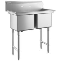 Regency 37 inch 16 Gauge Stainless Steel Two Compartment Commercial Sink with Stainless Steel Legs and Cross Bracing - 15 inch x 15 inch x 12 inch Bowls