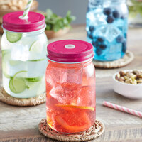 Acopa Rustic Charm 16 oz. Drinking Jar with Pink Metal Lid with Straw Hole - 12/Case