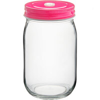Acopa Rustic Charm 16 oz. Drinking Jar with Pink Metal Lid with Straw Hole - 12/Case