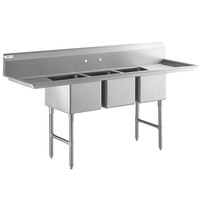 Regency 104 inch 16 Gauge Stainless Steel Three Compartment Commercial Sink with Stainless Steel Legs, Cross Bracing, and 2 Drainboards - 20 inch x 30 inch x 14 inch Bowls