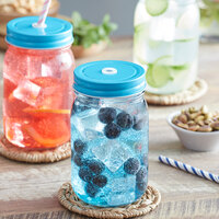 Acopa Rustic Charm 16 oz. Drinking Jar with Blue Metal Lid with Straw Hole - 12/Case