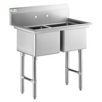 Regency 39 inch 16 Gauge Stainless Steel Two Compartment Commercial Sink with Stainless Steel Legs and Cross Bracing - 16 inch x 20 inch x 12 inch Bowls