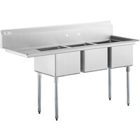 Regency 72 1/2 inch 16 Gauge Stainless Steel Three Compartment Commercial Sink with Galvanized Steel Legs and 1 Drainboard - 16 inch x 20 inch x 12 inch Bowls - Left Drainboard