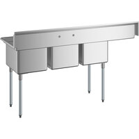 Regency 72 1/2 inch 16 Gauge Stainless Steel Three Compartment Commercial Sink with Galvanized Steel Legs and 1 Drainboard - 16 inch x 20 inch x 12 inch Bowls - Left Drainboard
