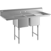 Regency 70" 16 Gauge Stainless Steel Two Compartment Commercial Sink with Stainless Steel Legs, Cross Bracing, and 2 Drainboards - 16" x 20" x 12" Bowls