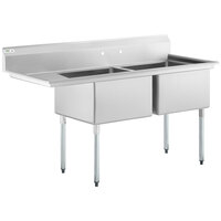 Regency 70 1/2 inch 16 Gauge Stainless Steel Two Compartment Commercial Sink with Galvanized Steel Legs and 1 Drainboard - 24 inch x 24 inch x 14 inch Bowls - Left Drainboard
