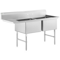 Regency 70 1/2 inch 16 Gauge Stainless Steel Two Compartment Commercial Sink with Stainless Steel Legs, Cross Bracing, and 1 Drainboard - 24 inch x 24 inch x 14 inch Bowls - Right Drainboard