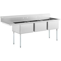 Regency 96 1/2 inch 16 Gauge Stainless Steel Three Compartment Commercial Sink with Galvanized Steel Legs and 1 Drainboard - 24 inch x 24 inch x 14 inch Bowls - Right Drainboard