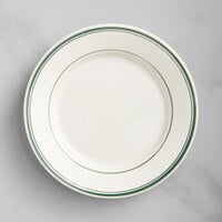 Acopa 7 1/8 inch Ivory (American White) Stoneware Wide Rim Plate with Green Bands - 36/Case
