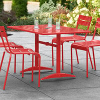 Lancaster Table & Seating 32 inch x 48 inch Red Powder-Coated Aluminum Dining Height Outdoor Table with Umbrella Hole