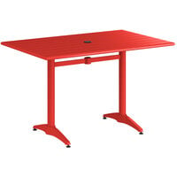 Lancaster Table & Seating 32 inch x 48 inch Red Powder-Coated Aluminum Dining Height Outdoor Table with Umbrella Hole
