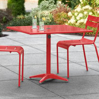 Lancaster Table & Seating 36 inch x 36 inch Red Powder-Coated Aluminum Dining Height Outdoor Table with Umbrella Hole