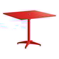 Lancaster Table & Seating 36" x 36" Red Powder-Coated Aluminum Dining Height Outdoor Table with Umbrella Hole