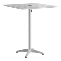 Lancaster Table & Seating 32" x 32" Silver Powder-Coated Aluminum Bar Height Outdoor Table with Umbrella Hole