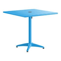 Lancaster Table & Seating 32" x 32" Blue Powder-Coated Aluminum Dining Height Outdoor Table with Umbrella Hole