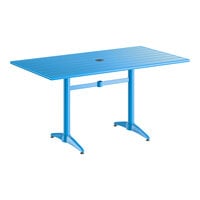 Lancaster Table & Seating 32" x 60" Blue Powder-Coated Aluminum Dining Height Outdoor Table with Umbrella Hole