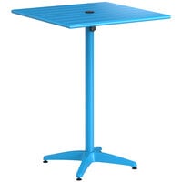 Lancaster Table & Seating 32" x 32" Blue Powder-Coated Aluminum Bar Height Outdoor Table with Umbrella Hole