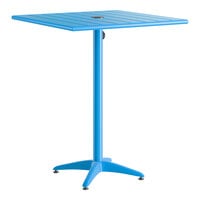 Lancaster Table & Seating 32" x 32" Blue Powder-Coated Aluminum Bar Height Outdoor Table with Umbrella Hole